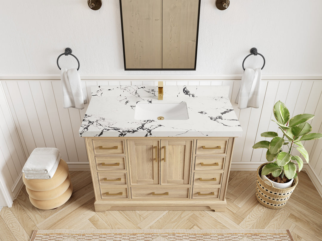 Charlotte White Oak 48 in. W x 22 in. D Single Sink Bathroom Vanity with 2 in Viola Night Quartz Countertop - Top View