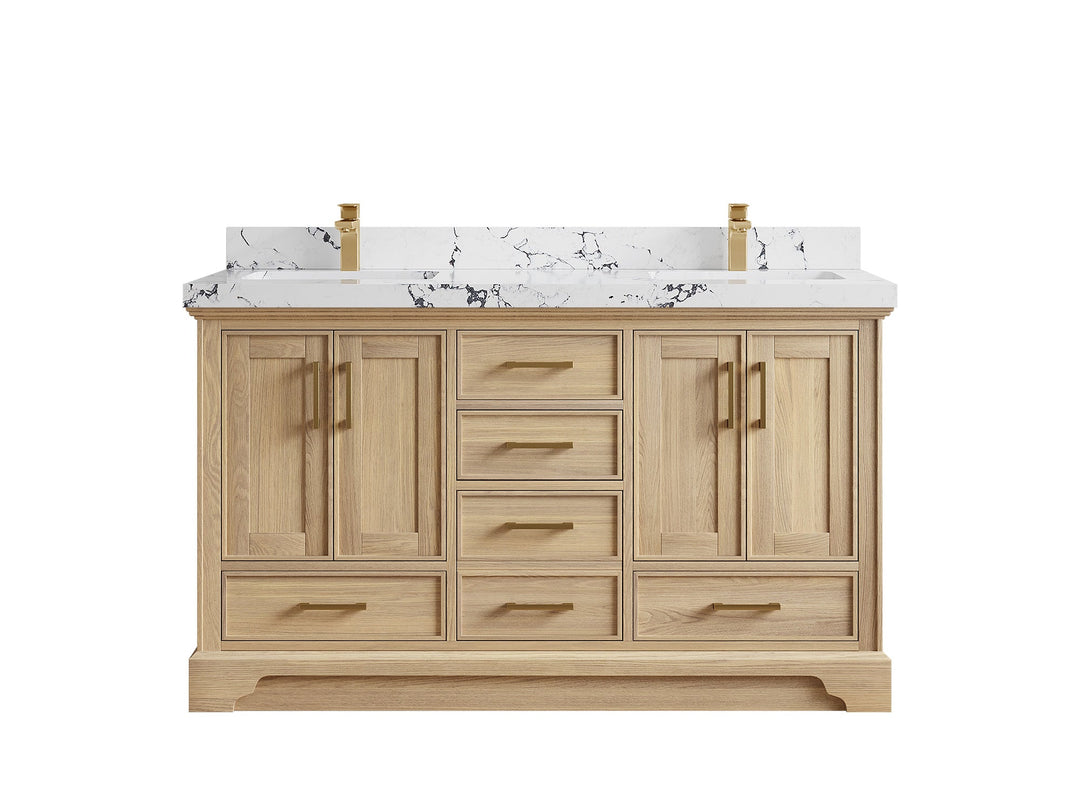 Charlotte White Oak 60 in. W x 22 in. D Double Sink Bathroom Vanity with 2 in Viola Night Quartz Countertop