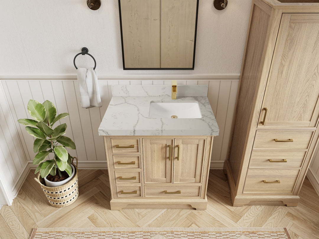 Charlotte White Oak 36 in. W x 22 in. D Center Sink Bathroom Vanity with 2 in Venatino Quartz Countertop - Top View