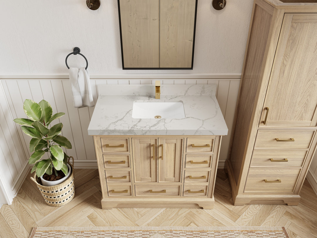 Charlotte White Oak 42 in. W x 22 in. D Single Sink Bathroom Vanity with 2 in Venatino Quartz Countertop - Top View