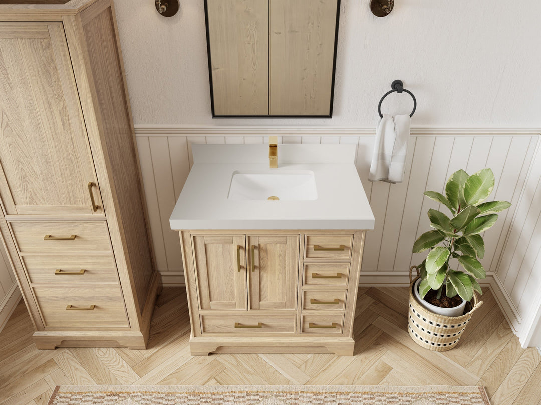 Charlotte White Oak 36 in. W x 22 in. D Center Sink Bathroom Vanity with 2 in White Quartz Countertop - Top View