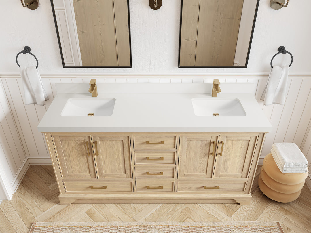 Charlotte White Oak 72 in. W x 22 in. D Double Sink Bathroom Vanity with 2 in White Quartz Countertop - Top View