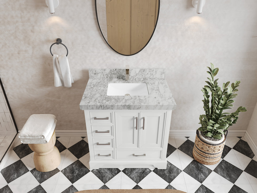 Charlotte 36 in. W x 22 in. D Center Sink Bathroom Vanity in White with 2 in Carrara Marble Countertop – Top View