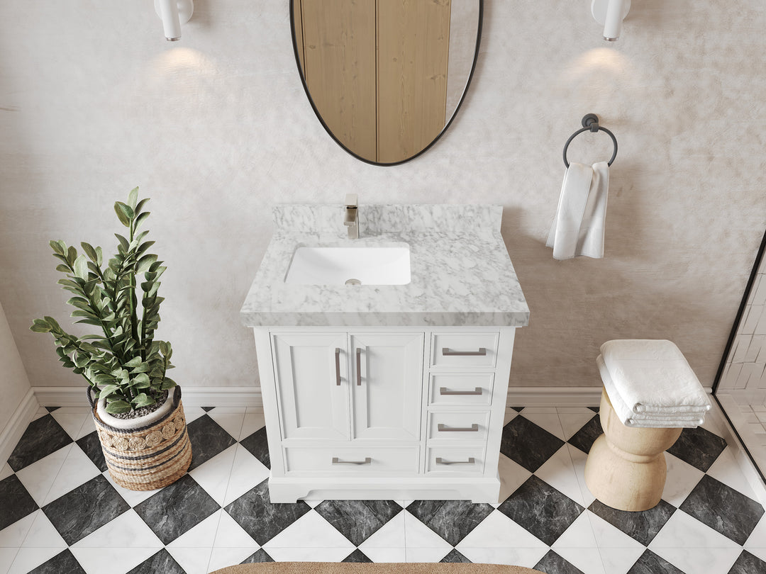 Charlotte 36 in. W x 22 in. D Left Offset Sink Bathroom Vanity in White with 2 in Carrara Marble Countertop – Top View