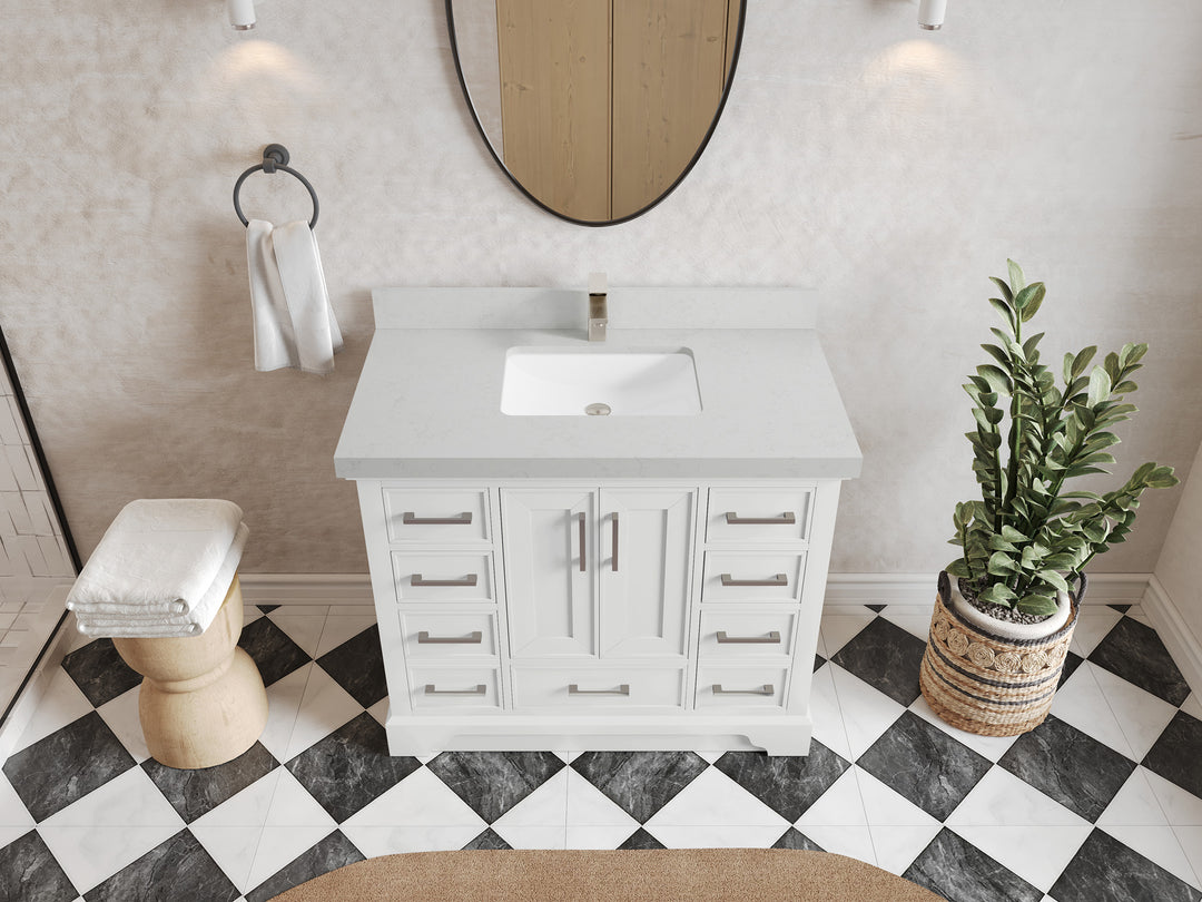 Charlotte 42 in. W x 22 in. D Single Sink Bathroom Vanity in White with 2 in Carrara Quartz Countertop – Top View
