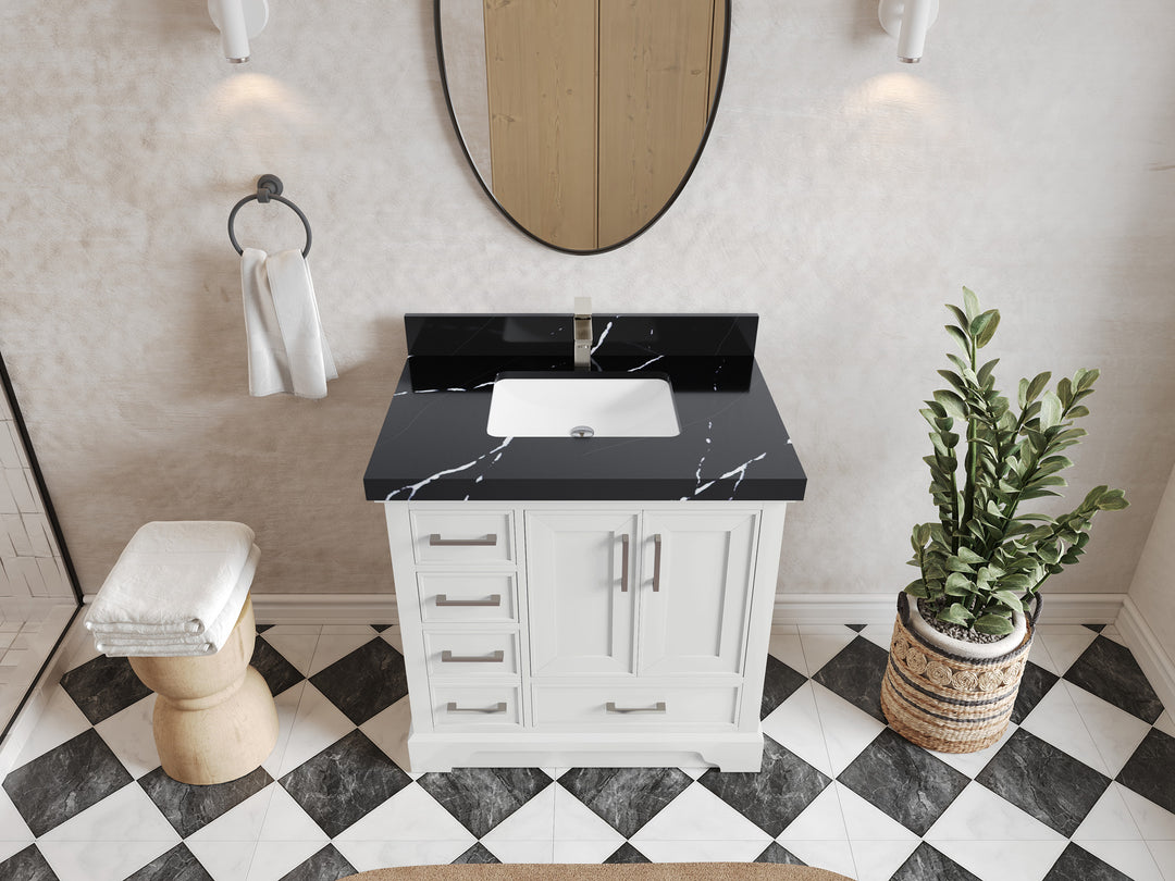 Charlotte 36 in. W x 22 in. D Center Sink Bathroom Vanity in White with 2 in Calacatta Black Quartz Countertop – Top View