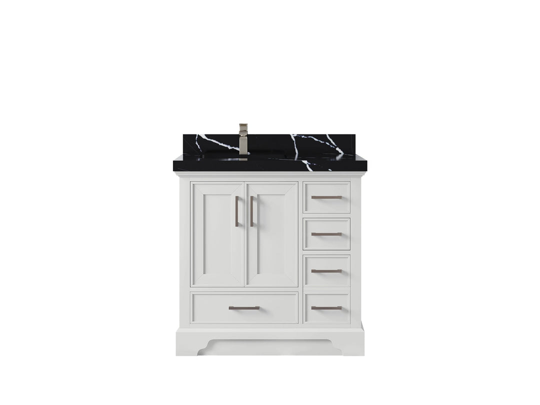 Charlotte 36 in. W x 22 in. D Left Offset Sink Bathroom Vanity in White with 2 in Calacatta Black Quartz Countertop