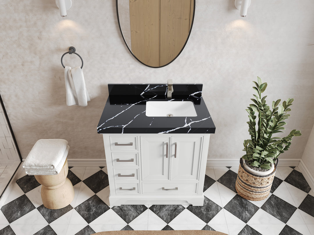 Charlotte 36 in. W x 22 in. D Right Offset Sink Bathroom Vanity in White with 2 in Calacatta Black Quartz Countertop – Top View