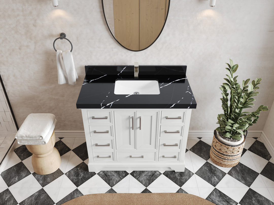 Charlotte 42 in. W x 22 in. D Single Sink Bathroom Vanity in White with 2 in Calacatta Black Quartz Countertop – Top View
