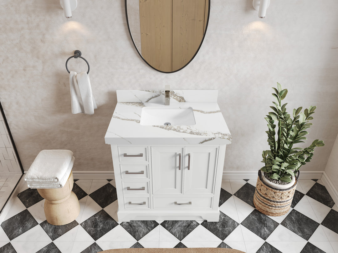 Charlotte 36 in. W x 22 in. D Center Sink Bathroom Vanity in White with 2 in Calacatta Gold Quartz Countertop – Top View