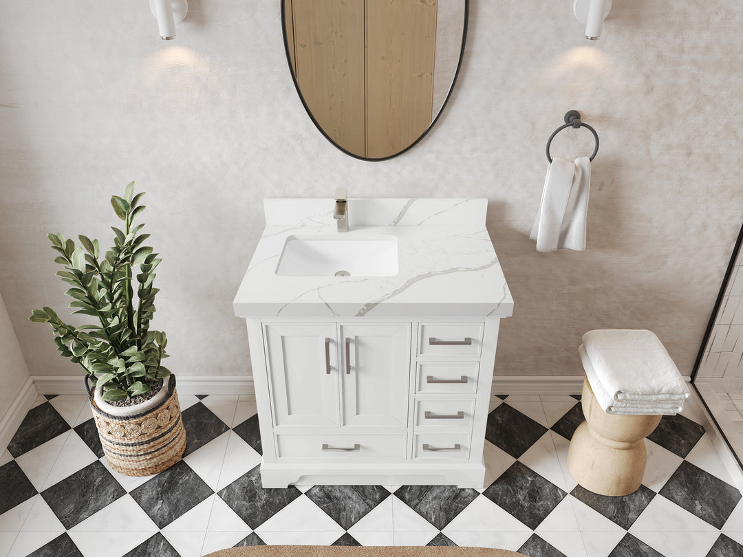 Charlotte 36 in. W x 22 in. D Left Offset Sink Bathroom Vanity in White with 2 in Calacatta Laza Quartz Countertop – Top View