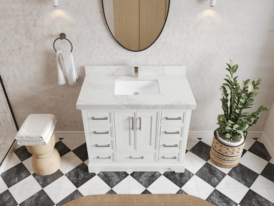 Charlotte 42 in. W x 22 in. D Single Sink Bathroom Vanity in White with 2 in Calacatta Nuvo Quartz Countertop – Top View