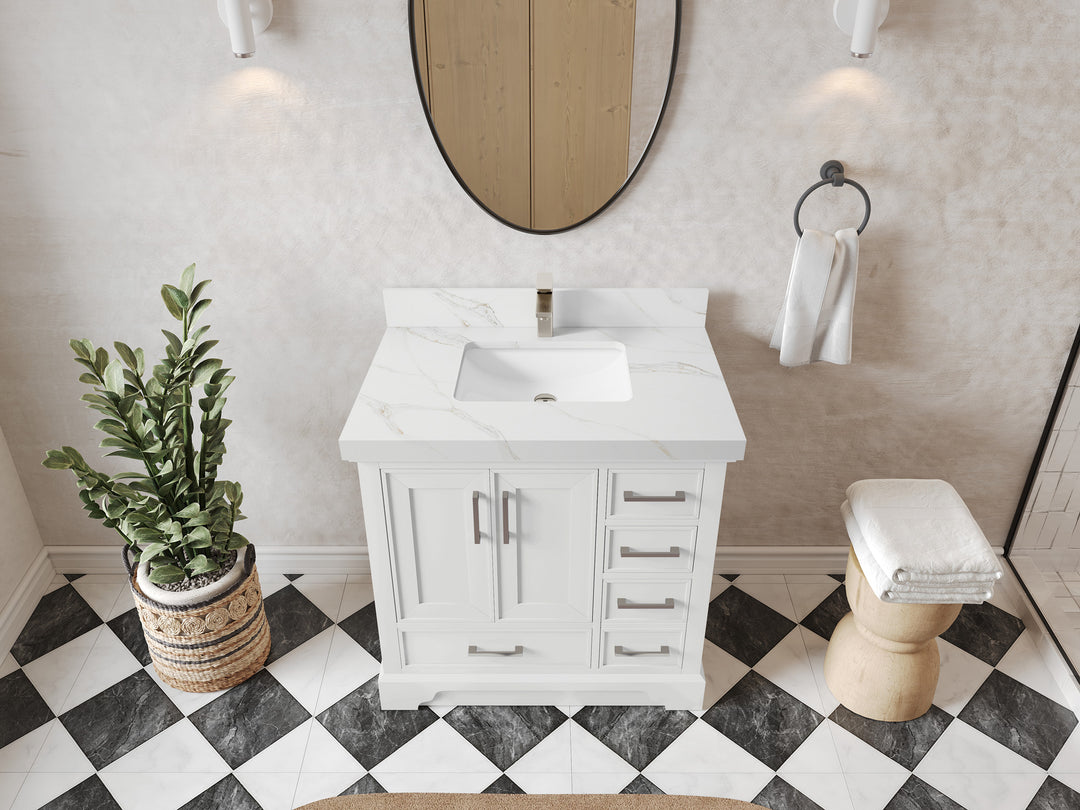 Charlotte 36 in. W x 22 in. D Center Sink Bathroom Vanity in White with 2 in Calacatta Sienna Quartz Countertop – Top View
