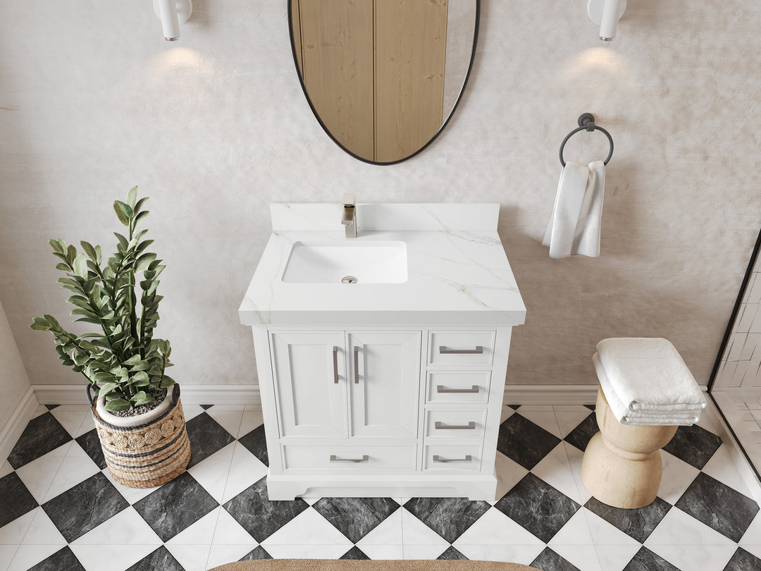 Charlotte 36 in. W x 22 in. D Left Offset Sink Bathroom Vanity in White with 2 in Calacatta Sienna Quartz Countertop – Top View