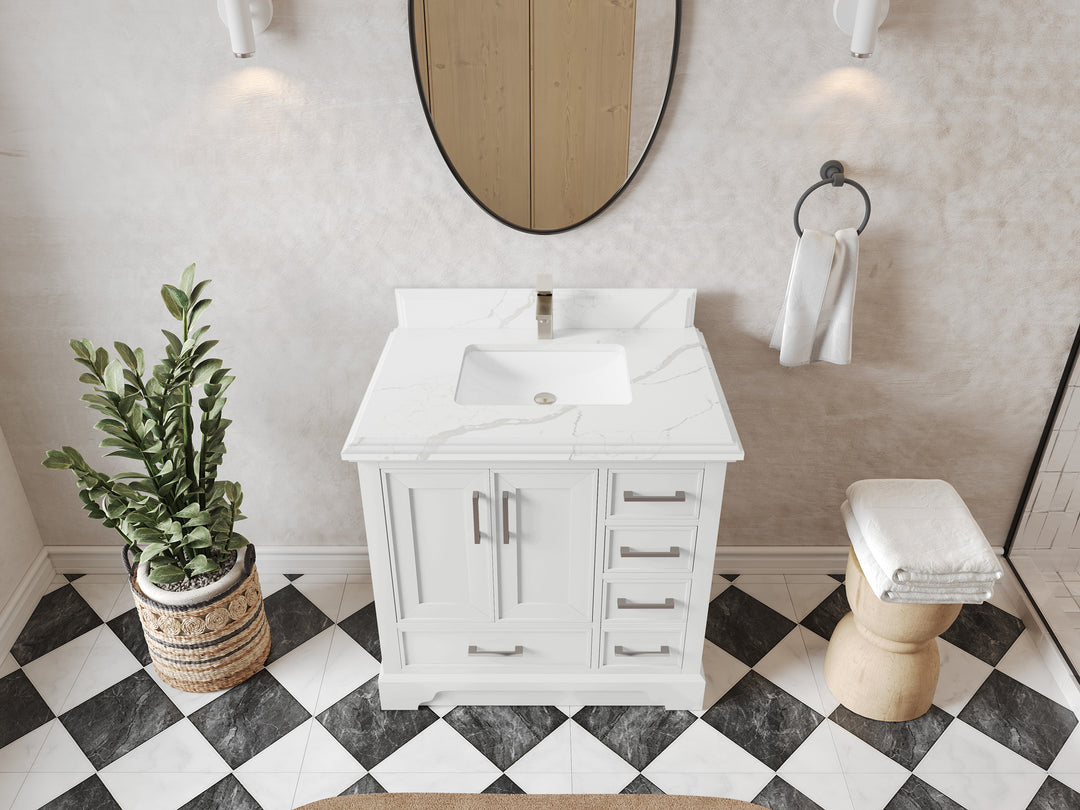 Charlotte 36 in. W x 22 in. D Center Sink Bathroom Vanity in White with 1.5 in Calacatta Laza Quartz Countertop – Top View