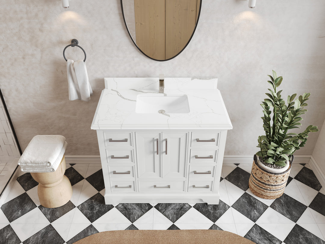 Charlotte 42 in. W x 22 in. D Single Sink Bathroom Vanity in White with 1.5 in Calacatta Laza Quartz Countertop – Top View