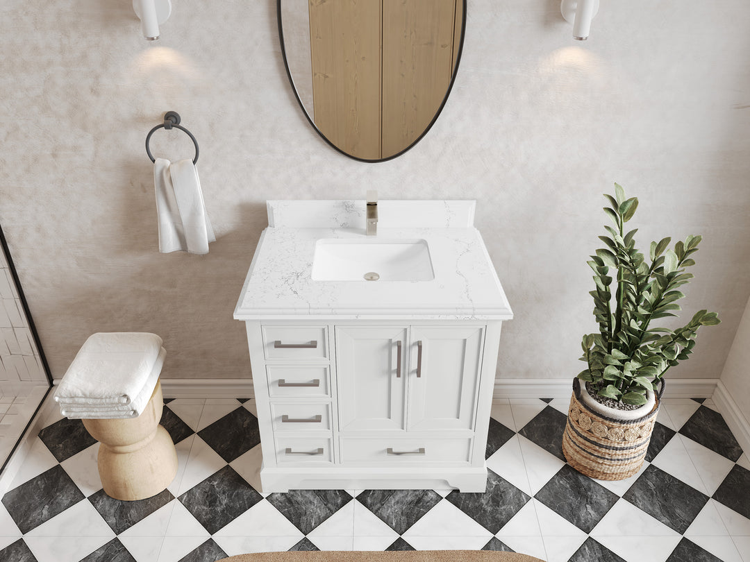 Charlotte 36 in. W x 22 in. D Center Sink Bathroom Vanity in White with 1.5 in Empira White Quartz Countertop – Top View