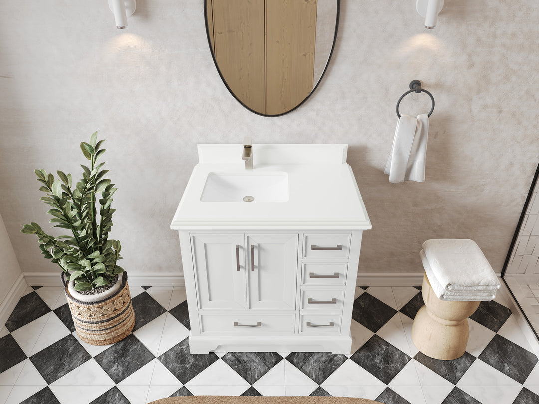Charlotte 36 in. W x 22 in. D Left Offset Sink Bathroom Vanity in White with 1.5 in White Quartz Countertop – Top View