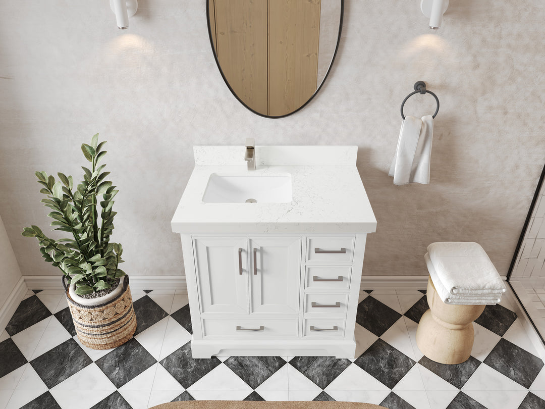 Charlotte 36 in. W x 22 in. D Left Offset Sink Bathroom Vanity in White with 2 in Empira White Quartz Countertop – Top View