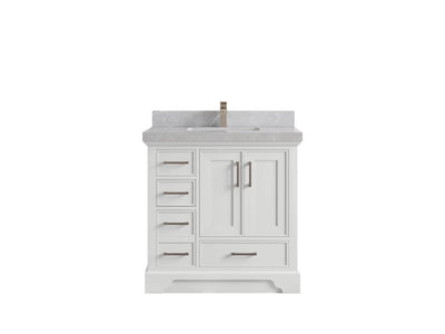 Charlotte 36 in. W x 22 in. D Center Sink Bathroom Vanity in White with 2 in Pearl Light Gray Quartz Countertop