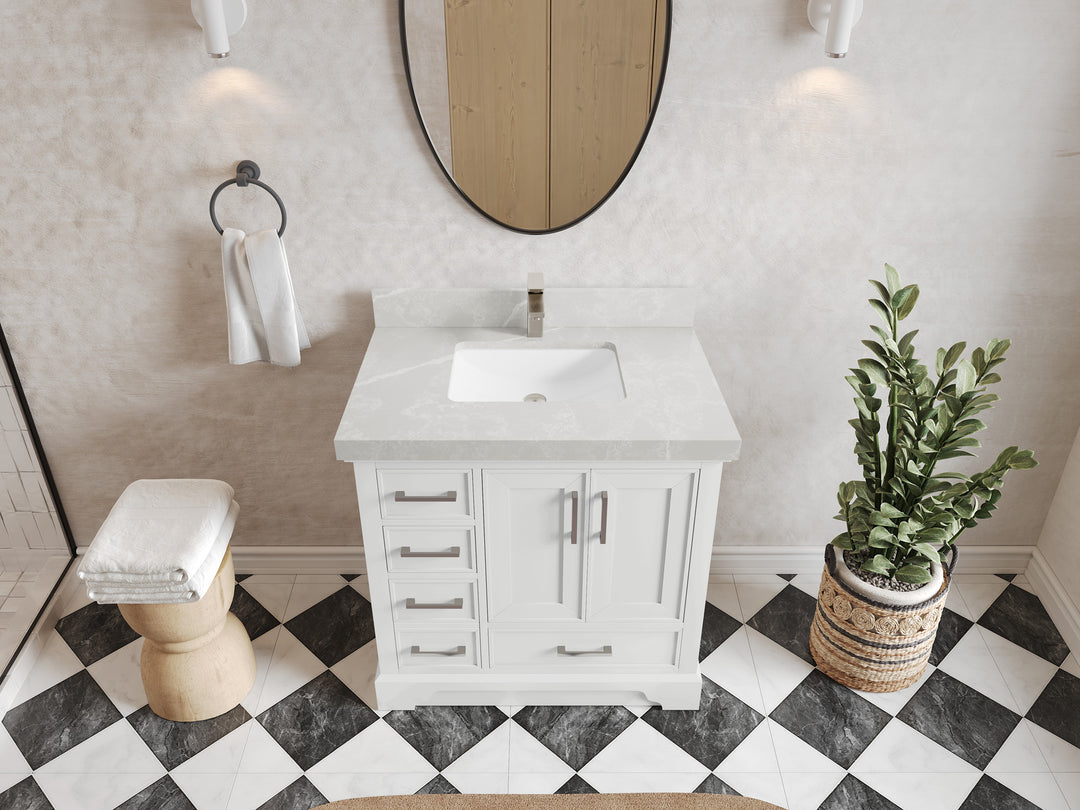 Charlotte 36 in. W x 22 in. D Center Sink Bathroom Vanity in White with 2 in Pearl Light Gray Quartz Countertop – Top View