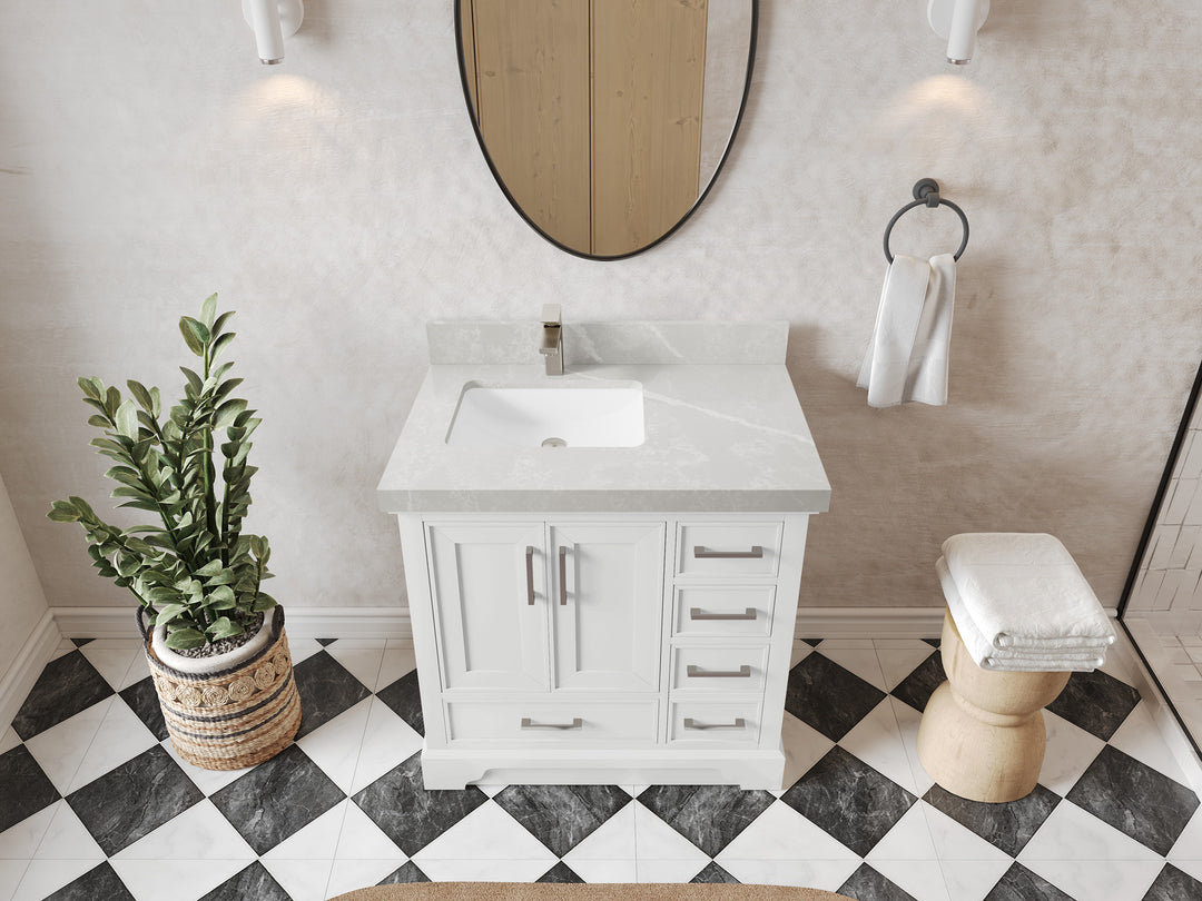 Charlotte 36 in. W x 22 in. D Left Offset Sink Bathroom Vanity in White with 2 in Pearl Light Gray Quartz Countertop – Top View