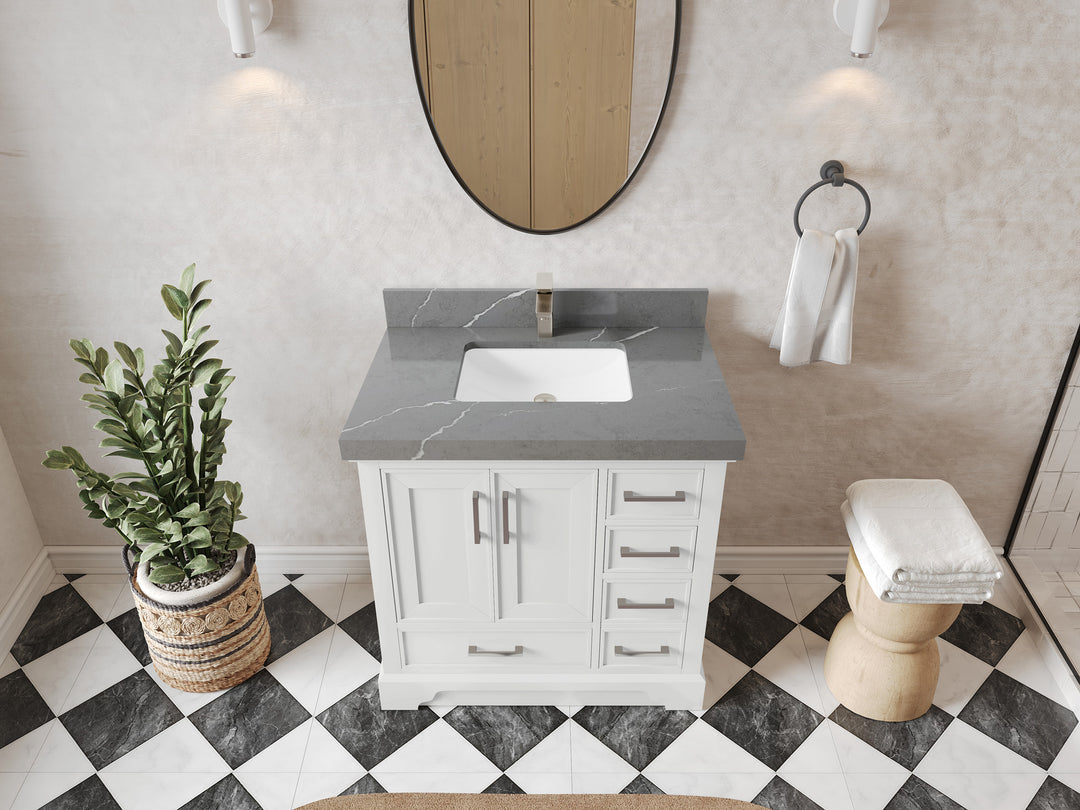 Charlotte 36 in. W x 22 in. D Center Sink Bathroom Vanity in White with 2 in Piatra Gray Quartz Countertop – Top View