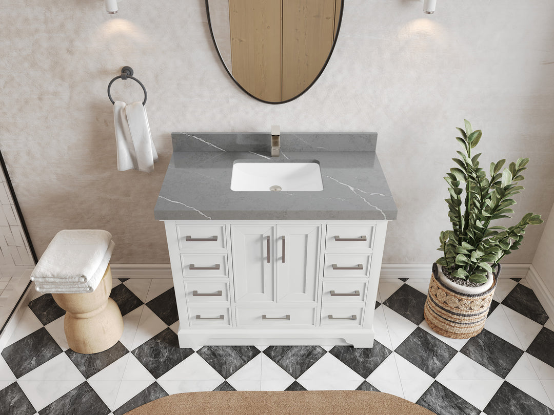 Charlotte 42 in. W x 22 in. D Single Sink Bathroom Vanity in White with 2 in Piatra Gray Quartz Countertop – Top View