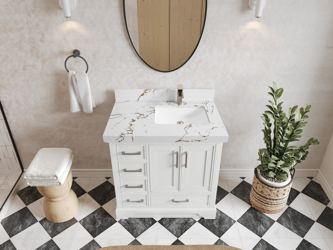 Charlotte 36 in. W x 22 in. D Right Offset Sink Bathroom Vanity in White with 2 in Viola Brown Quartz Countertop – Top View
