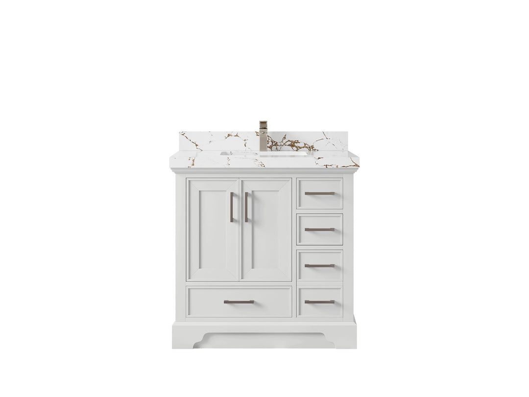 Charlotte 36 in. W x 22 in. D Center Sink Bathroom Vanity in White with 2 in Viola Gold Quartz Countertop