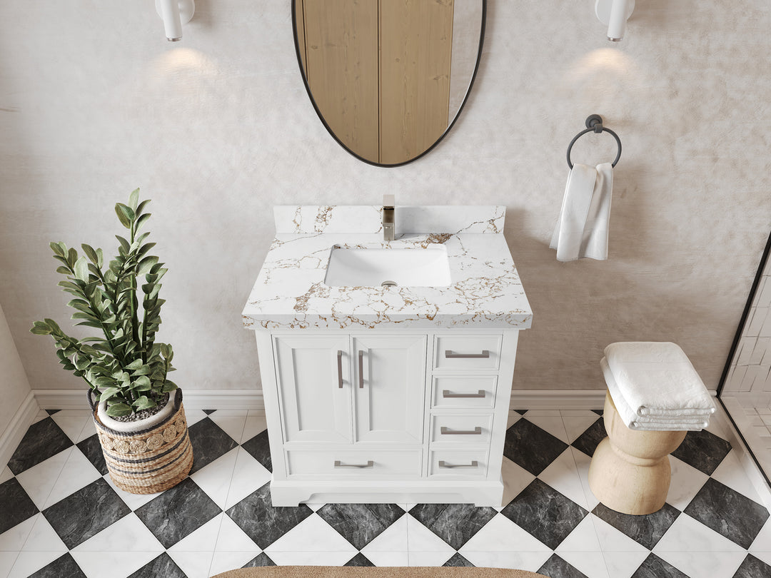 Charlotte 36 in. W x 22 in. D Center Sink Bathroom Vanity in White with 2 in Viola Gold Quartz Countertop – Top View