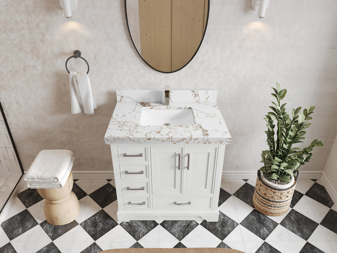 Charlotte 36 in. W x 22 in. D Center Sink Bathroom Vanity in White with 2 in Viola Gold Quartz Countertop – Top View