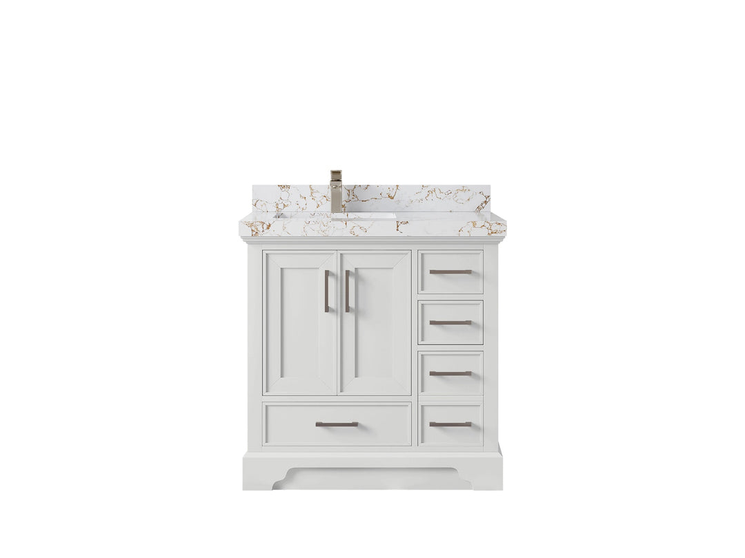Charlotte 36 in. W x 22 in. D Left Offset Sink Bathroom Vanity in White with 2 in Viola Gold Quartz Countertop