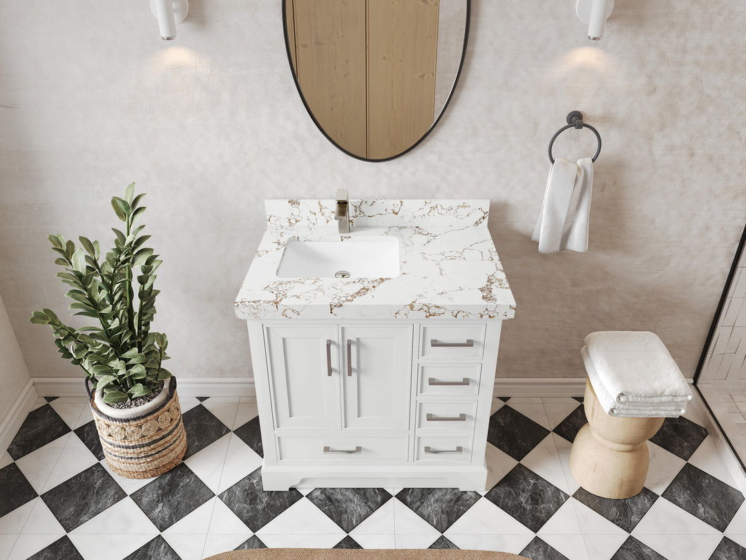 Charlotte 36 in. W x 22 in. D Left Offset Sink Bathroom Vanity in White with 2 in Viola Gold Quartz Countertop – Top View