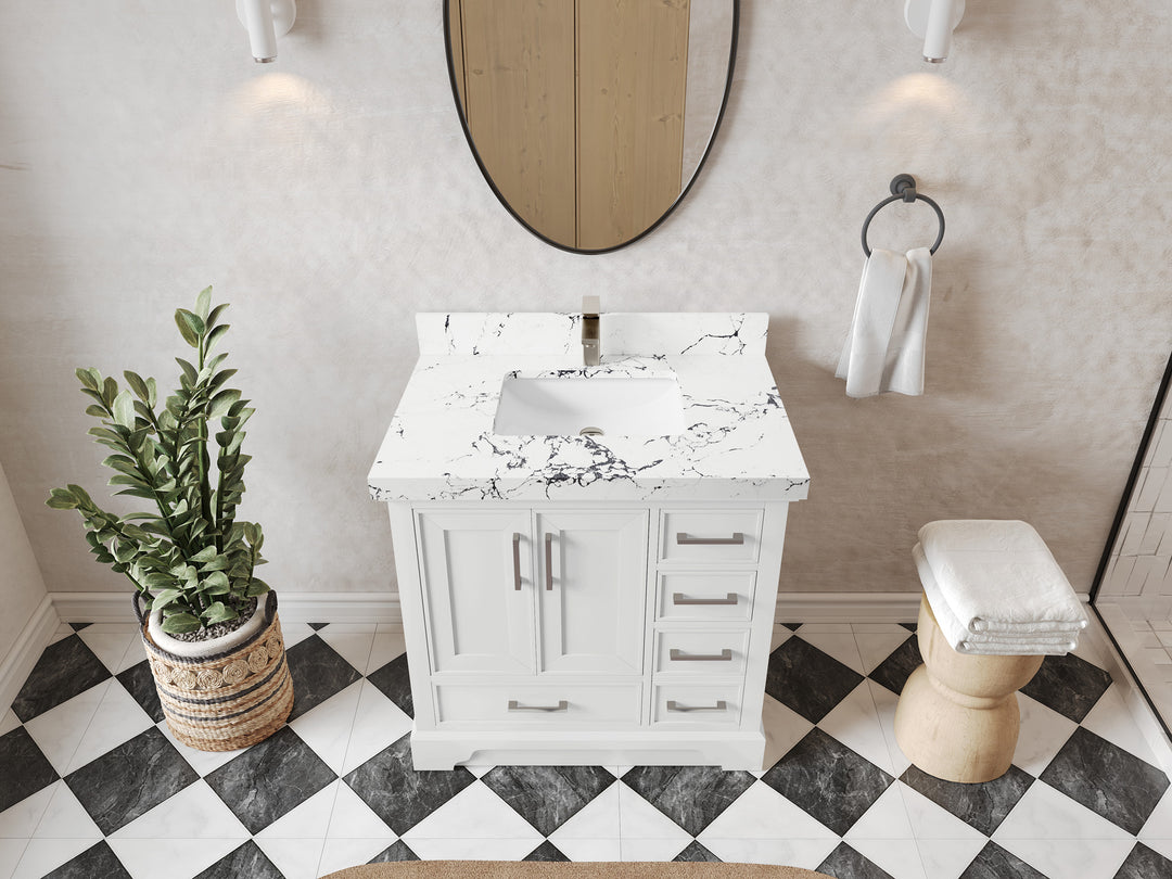 Charlotte 36 in. W x 22 in. D Center Sink Bathroom Vanity in White with 2 in Viola Night Quartz Countertop – Top View