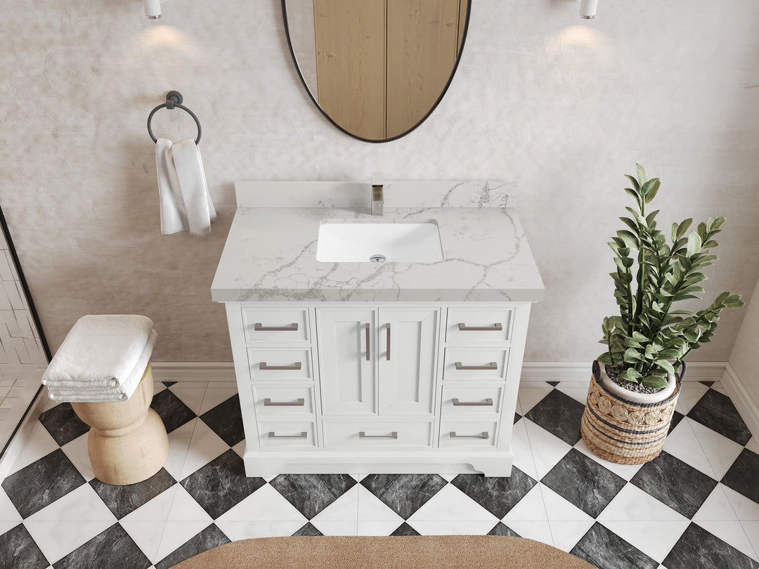 Charlotte 42 in. W x 22 in. D Single Sink Bathroom Vanity in White with 2 in Venatino Quartz Countertop – Top View