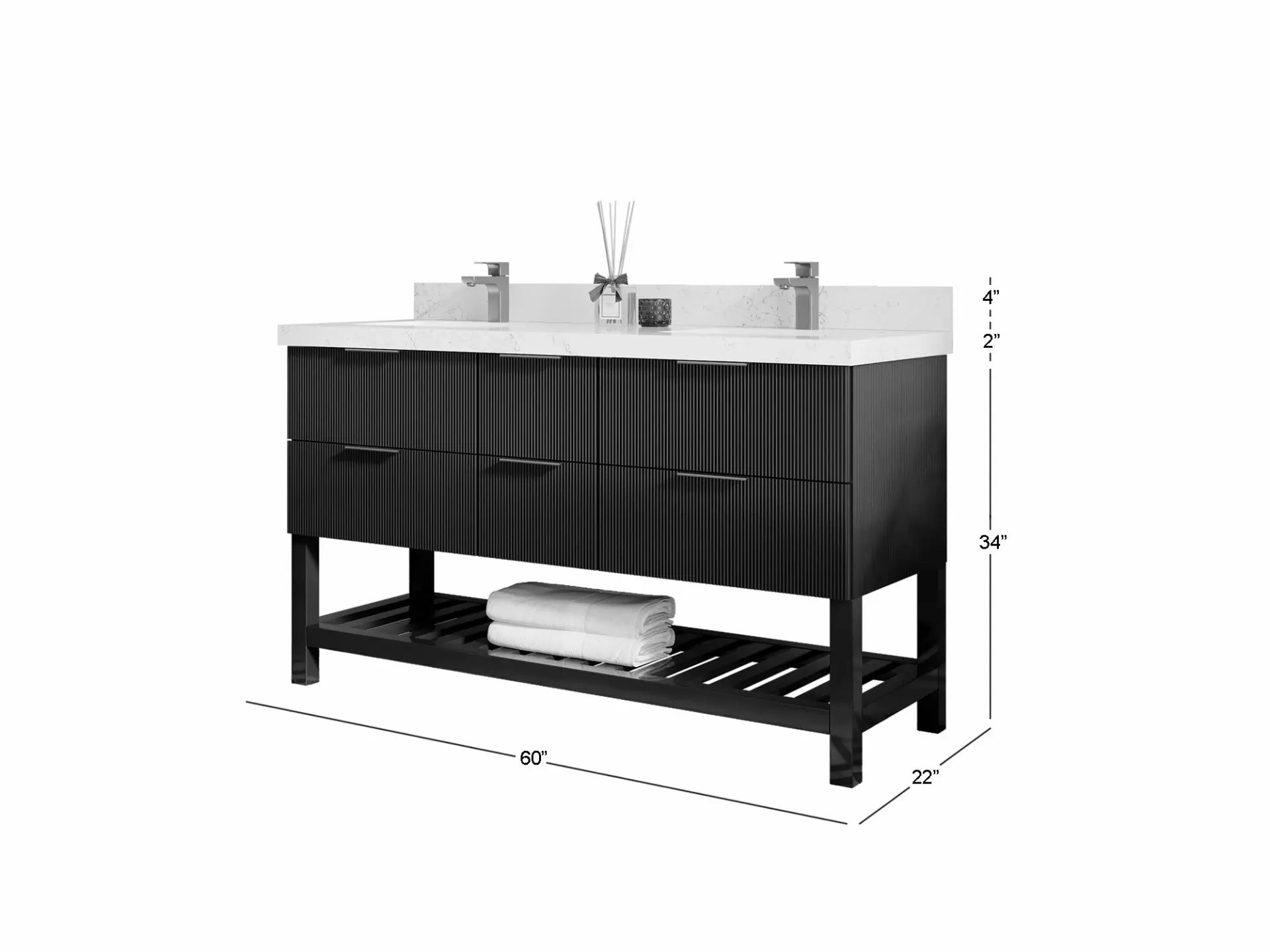 Catalina 60 in. W x 22 in. D Double Sink Bathroom Vanity in Black with Countertop - Dimensions