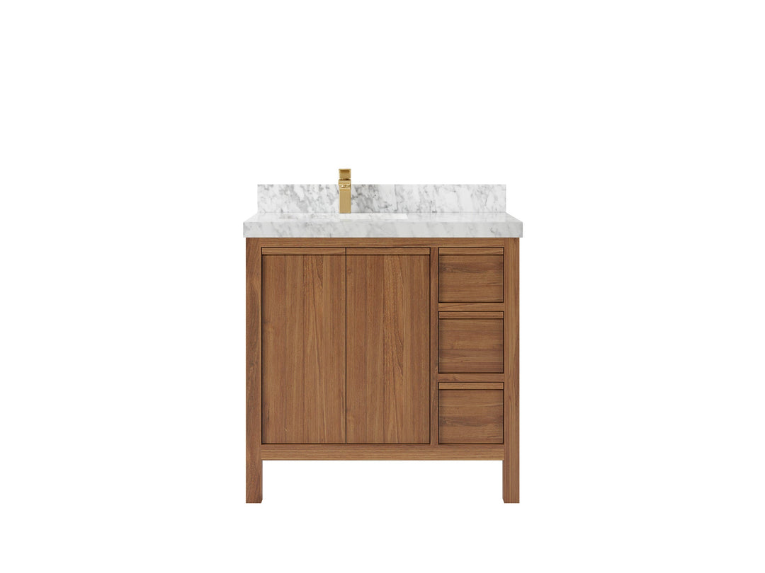 Elizabeth Teak 36 Left Offset in. W x 22 in. D Single Sink Bathroom Vanity in Dark Natural with 2 in Carrara Marble Countertop