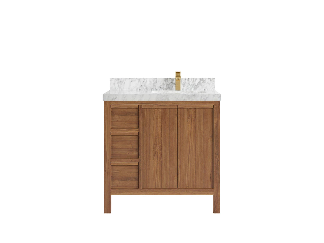 Elizabeth Teak 36 Right Offset in. W x 22 in. D Single Sink Bathroom Vanity in Dark Natural with 2 in Carrara Marble Countertop