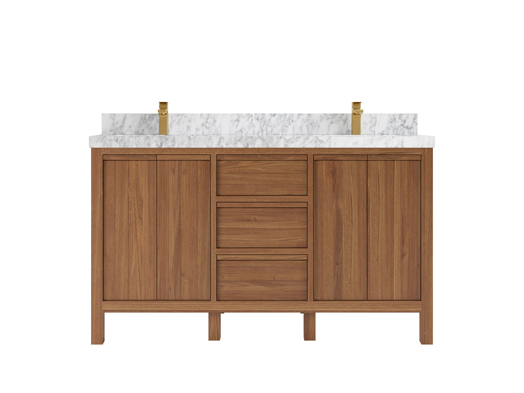 Elizabeth Teak 60 in. W x 22 in. D Double Sink Bathroom Vanity in Dark Natural with 2 in Carrara Marble Countertop