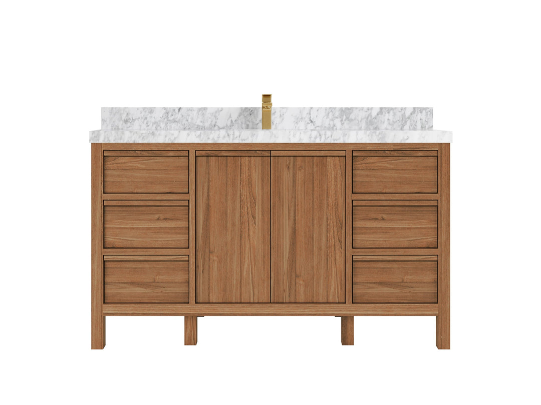 Elizabeth Teak 60 in. W x 22 in. D Single Sink Bathroom Vanity in Dark Natural with 2 in Carrara Marble Countertop