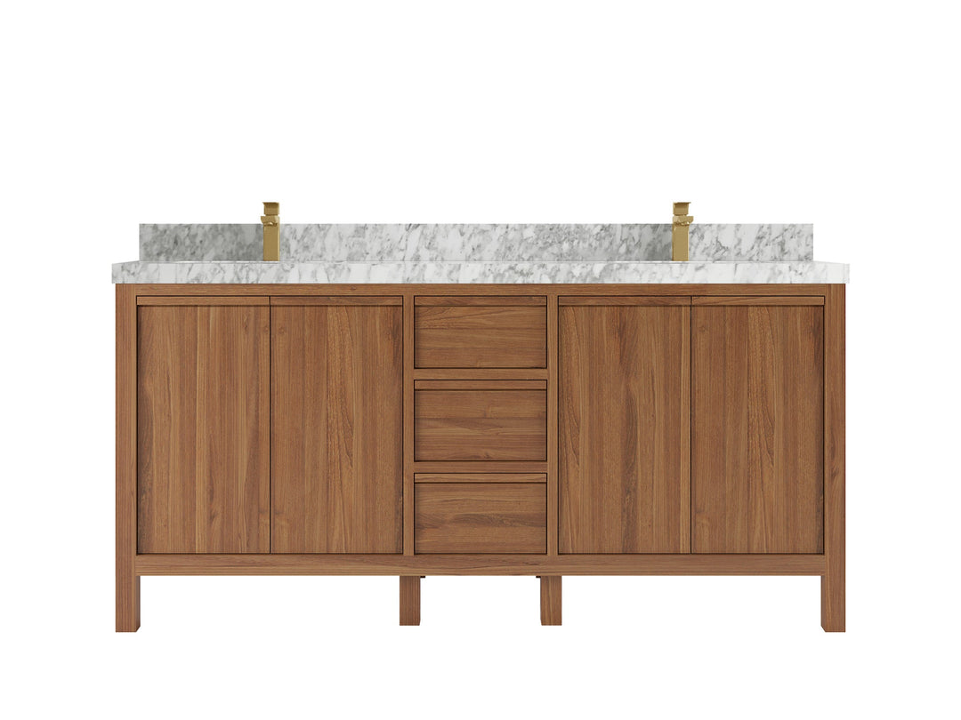 Elizabeth Teak 72 in. W x 22 in. D Double Sink Bathroom Vanity in Dark Natural with 2 in Carrara Marble Countertop