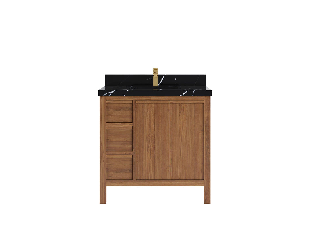 Elizabeth Teak 36 Right Offset in. W x 22 in. D Center Sink Bathroom Vanity in Dark Natural with 2 in Calacatta Black Quartz Countertop