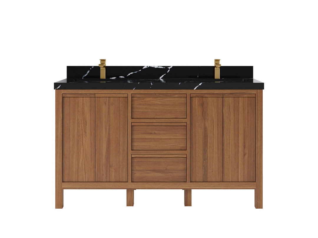 Elizabeth Teak 60 in. W x 22 in. D Double Sink Bathroom Vanity in Dark Natural with 2 in Calacatta Black Quartz Countertop