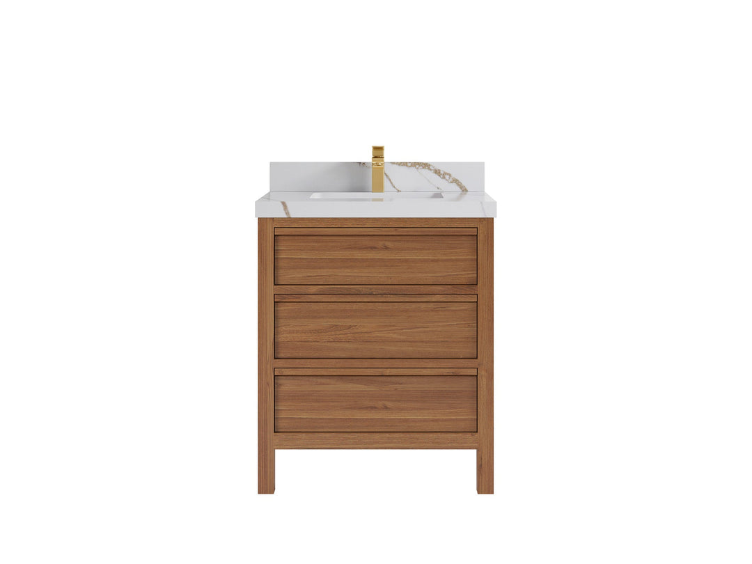 Elizabeth Teak 30 in. W x 22 in. D Single Sink Bathroom Vanity in Dark Natural with 2 in Calacatta Gold Quartz Countertop