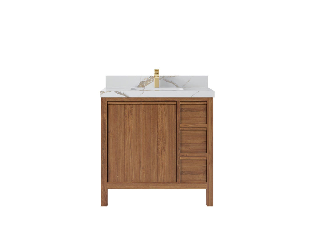 Elizabeth Teak 36 Left Offset in. W x 22 in. D Center Sink Bathroom Vanity in Dark Natural with 2 in Calacatta Gold Quartz Countertop
