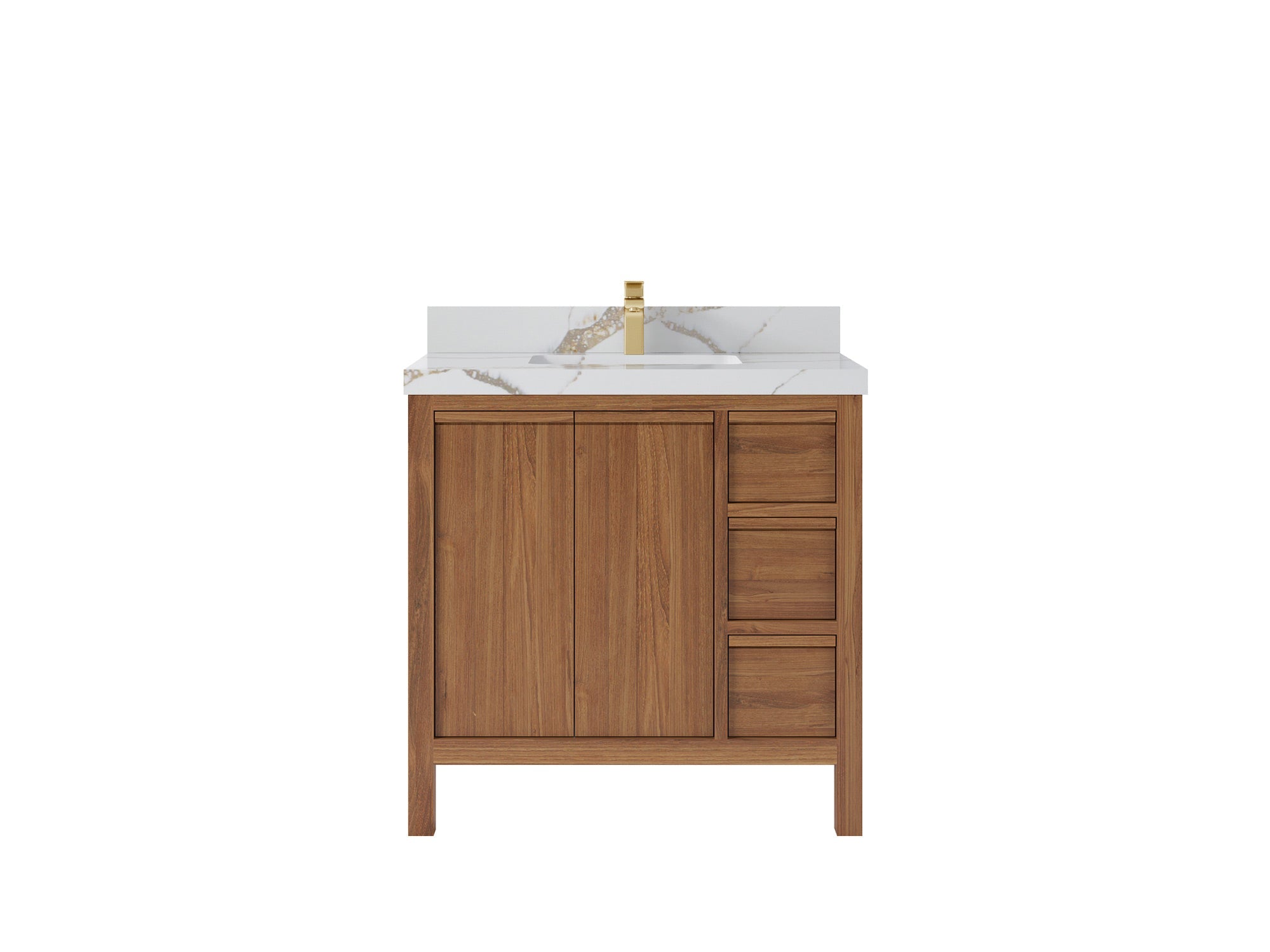 Elizabeth Teak 36 Left Offset in. W x 22 in. D Center Sink Bathroom Vanity in Dark Natural with 2 in Calacatta Gold Quartz Countertop