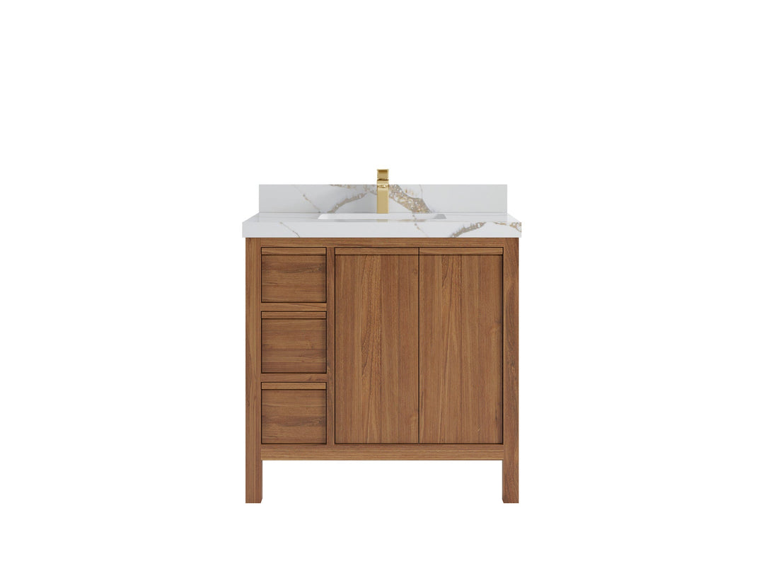 Elizabeth Teak 36 Right Offset in. W x 22 in. D Center Sink Bathroom Vanity in Dark Natural with 2 in Calacatta Gold Quartz Countertop