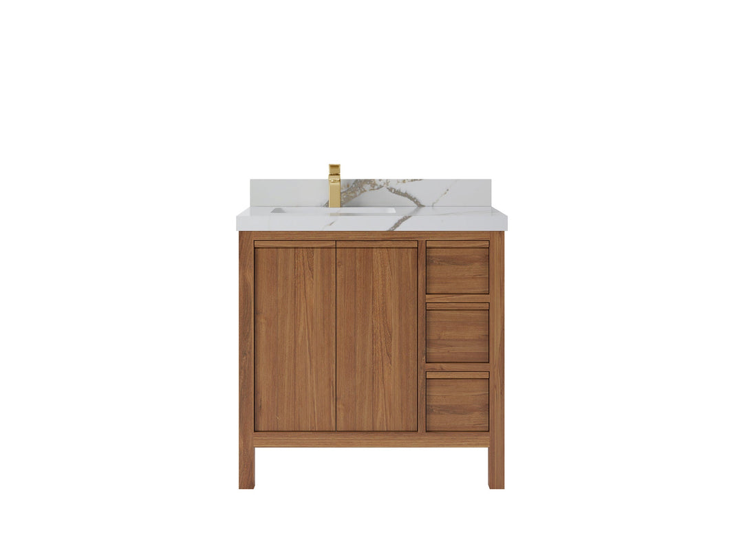 Elizabeth Teak 36 Left Offset in. W x 22 in. D Single Sink Bathroom Vanity in Dark Natural with 2 in Calacatta Gold Quartz Countertop