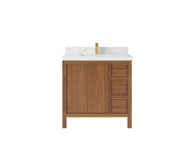 Elizabeth Teak 36 Left Offset in. W x 22 in. D Center Sink Bathroom Vanity in Dark Natural with 2 in Calacatta Laza Quartz Countertop